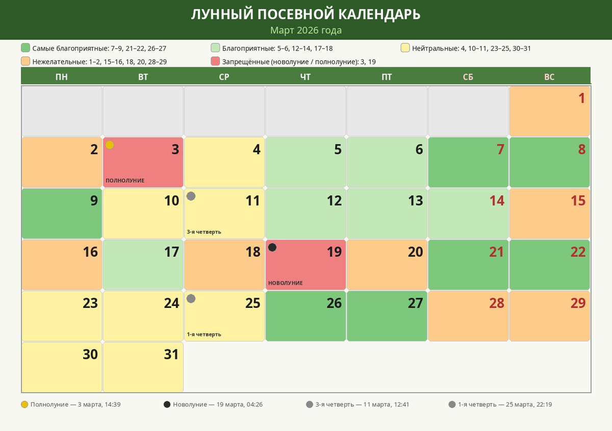 Посевной календарь на март 2026