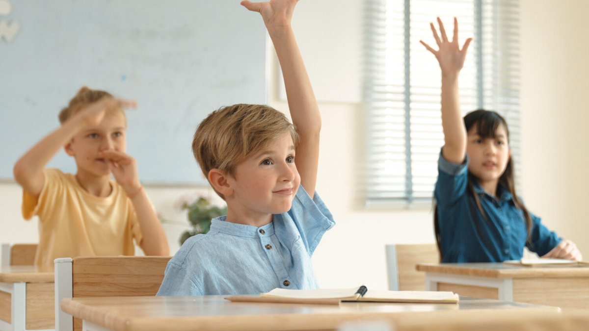 Дети поднимают руки во время урока