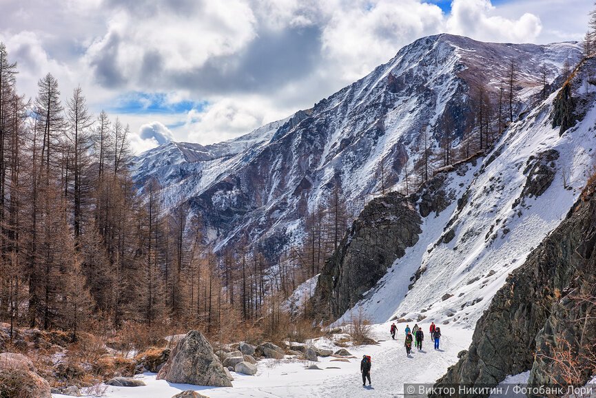 Группа альпинистов идет по руслу замерзшей реки